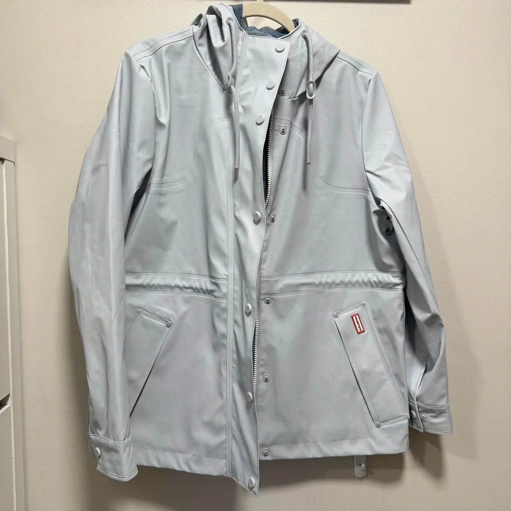 Hunter Abbey Short Rubberized Rain Jacket Light Gray Medium Waterproof Coat - Picture 2 of 10